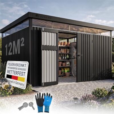 Juskys ® Gerätehaus Luzern XL 12 m² Metall Geräteschuppen mit Türen & Fenstern wetterfest & abschließbar Fahrradgarage, Gartenhaus Anthrazit Juskys ® Gerätehaus Luzern XL 12 m² Metall Geräteschuppen mit Türen & Fenstern wetterfest & abschließbar Fahrradgarage, Gartenhaus Anthrazit