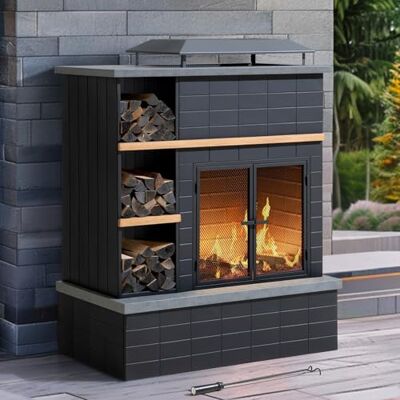 Sunjoy Gartenkamin 106×60×131,5 cm, Outdoor-Feuerstelle aus Stahl mit 3-stufigem Holzlagerregal & Schornstein, Funkenschutzgitter, inkl. Schürhaken, ideal für Terrasse Sunjoy Gartenkamin 106×60×131,5 cm, Outdoor-Feuerstelle aus Stahl mit 3-stufigem Holzlagerregal & Schornstein, Funkenschutzgitter, inkl. Schürhaken, ideal für Terrasse