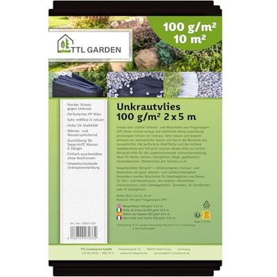 TTL GARDEN 100g/m² Unkrautvlies 10m² 2m x 5m Gartenvlies atmungsaktiv gefaltet, wasserdurchlässig, reißfest, UV-stabil & atmungsaktiv Garten Mulchvlies Vlies Folie gegen Unkraut schwarz TTL GARDEN 100g/m² Unkrautvlies 10m² 2m x 5m Gartenvlies atmungsaktiv gefaltet, wasserdurchlässig, reißfest, UV-stabil & atmungsaktiv Garten Mulchvlies Vlies Folie gegen Unkraut schwarz