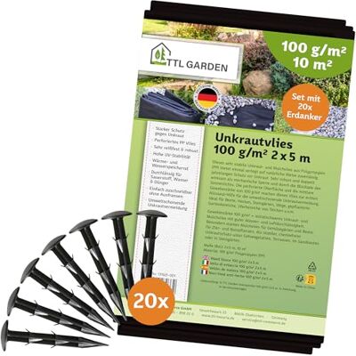 TTL GARDEN 100g/m² Unkrautvlies Set 10m² 2 x 5m + 20 Erdanker verzinkt wasserdurchlässig reißfest UV-stabil & atmungsaktiv Gartenvlies Wurzelsperre Mulchvlies Garten Vlies Folie gegen Unkraut TTL GARDEN 100g/m² Unkrautvlies Set 10m² 2 x 5m + 20 Erdanker verzinkt wasserdurchlässig reißfest UV-stabil & atmungsaktiv Gartenvlies Wurzelsperre Mulchvlies Garten Vlies Folie gegen Unkraut