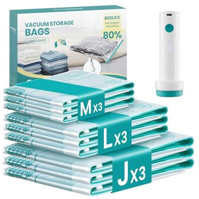 SONGMICS Vakuumbeutel für Kleidung, 9 Beutel, elektrische Pumpe Aufbewahrungsbeutel Bettwäsche, 3 M/3 L/3 J, Reise, wiederverwendbar, wiederaufladbar, ISLAND Kollektion LVB202W101 SONGMICS Vakuumbeutel für Kleidung, 9 Beutel, elektrische Pumpe Aufbewahrungsbeutel Bettwäsche, 3 M/3 L/3 J, Reise, wiederverwendbar, wiederaufladbar, ISLAND Kollektion LVB202W101