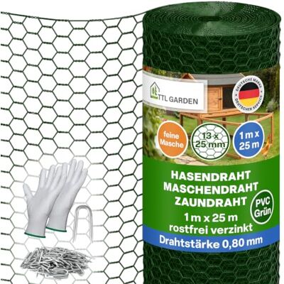 TTL GARDEN Guard-LINE Hasendraht 1m x 25m grün 13x25mm Maschenweite 0,8mm PVC beschichtet grün Rolle feinmaschig rostfrei verzinkt 0,80mm Draht Drahtgitter Kaninchendraht Maschendrahtzaun 25m x 1m TTL GARDEN Guard-LINE Hasendraht 1m x 25m grün 13x25mm Maschenweite 0,8mm PVC beschichtet grün Rolle feinmaschig rostfrei verzinkt 0,80mm Draht Drahtgitter Kaninchendraht Maschendrahtzaun 25m x 1m