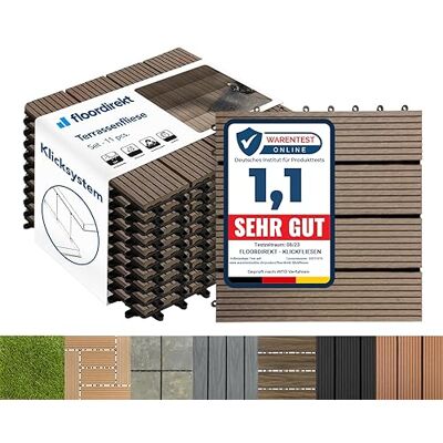 Floordirekt WPC Fliesen 30x30 cm, 1m² = 11 Terrassenfliesen, Klickfliesen, Balkonfliesen in Holzoptik Bodenbelag für Balkon & Terrasse wetterfest mit Drainagefunktion Dunkelbraun Royal Floordirekt WPC Fliesen 30x30 cm, 1m² = 11 Terrassenfliesen, Klickfliesen, Balkonfliesen in Holzoptik Bodenbelag für Balkon & Terrasse wetterfest mit Drainagefunktion Dunkelbraun Royal