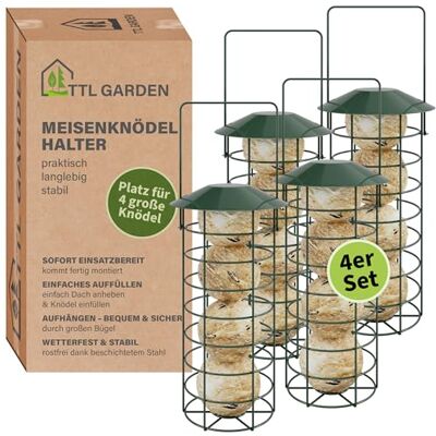 TTL GARDEN 4er Set 31cm Meisenknödelhalter mit Dach rund Ø 8cm Stahl grün Meisenknödel Halter für Wildvögel pulverbeschichtet & rostfrei Futterstelle Vogelfutterspender für Garten Balkon Terrasse TTL GARDEN 4er Set 31cm Meisenknödelhalter mit Dach rund Ø 8cm Stahl grün Meisenknödel Halter für Wildvögel pulverbeschichtet & rostfrei Futterstelle Vogelfutterspender für Garten Balkon Terrasse