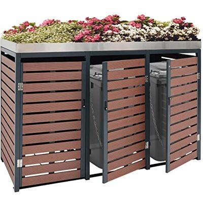 Mendler 3er Mülltonnenverkleidung HWC-K14 124x200x84cm Walnuss-Holzoptik Mülltonnenbox, mit Pflanzkasten, WPC, Edelstahl, 107kg Mendler 3er Mülltonnenverkleidung HWC-K14 124x200x84cm Walnuss-Holzoptik Mülltonnenbox, mit Pflanzkasten, WPC, Edelstahl, 107kg