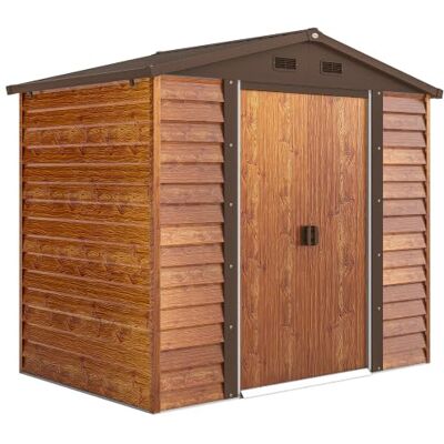 Outsunny Gerätehaus Metall-Holzoptik 3 m² 152 x 235,7 x 208,7 cm Braun Wetterfest, Satteldach, Doppel Schiebetüren, Fenster, Gartenhaus, Geräteschuppen, Outdoor Garten Schuppen, für Hinterhof Outsunny Gerätehaus Metall-Holzoptik 3 m² 152 x 235,7 x 208,7 cm Braun Wetterfest, Satteldach, Doppel Schiebetüren, Fenster, Gartenhaus, Geräteschuppen, Outdoor Garten Schuppen, für Hinterhof
