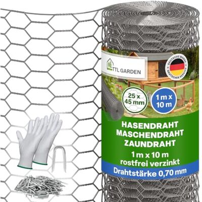 TTL GARDEN Guard-LINE Hasendraht 1m x 10m Zink 25x45mm Maschenweite 0,7mm Rolle feinmaschig silber rostfrei verzinkt 0,70mm Draht Drahtgitter Kaninchendraht Zaun Gitter Maschendrahtzaun 10m x 1m TTL GARDEN Guard-LINE Hasendraht 1m x 10m Zink 25x45mm Maschenweite 0,7mm Rolle feinmaschig silber rostfrei verzinkt 0,70mm Draht Drahtgitter Kaninchendraht Zaun Gitter Maschendrahtzaun 10m x 1m