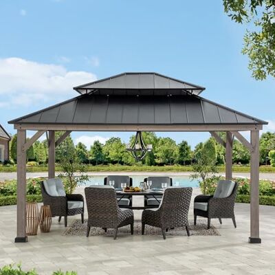 Sunjoy 3,9×4,5 m Gartenpavillon aus Zedernholz, Stahl-Doppeldach-Hardtop, 14 cm Pfosten, Wind- und schneelastbeständig, Outdoor-Pavillon Dauerhaft für Terrasse, Deck-Partys Sunjoy 3,9×4,5 m Gartenpavillon aus Zedernholz, Stahl-Doppeldach-Hardtop, 14 cm Pfosten, Wind- und schneelastbeständig, Outdoor-Pavillon Dauerhaft für Terrasse, Deck-Partys