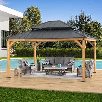 Sunjoy 3,9×4,5 m Gartenpavillon aus Zedernholz, Stahl-Doppeldach-Hardtop, 11.6 cm Pfosten, Wind- und schneelastbeständig, Outdoor-Pavillon für Terrasse, Deck-Partys Sunjoy 3,9×4,5 m Gartenpavillon aus Zedernholz, Stahl-Doppeldach-Hardtop, 11.6 cm Pfosten, Wind- und schneelastbeständig, Outdoor-Pavillon für Terrasse, Deck-Partys