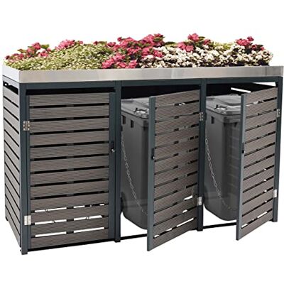 Mendler 3er Mülltonnenverkleidung HWC-K14 124x200x84cm anthrazit Mülltonnenbox, mit Pflanzkasten, WPC, Edelstahl, 107kg Mendler 3er Mülltonnenverkleidung HWC-K14 124x200x84cm anthrazit Mülltonnenbox, mit Pflanzkasten, WPC, Edelstahl, 107kg