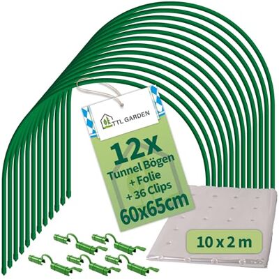 TTL GARDEN ARCOS Classic 60 12x 60x65cm Tunnelbögen Set + Folie + Clips mit PE-Folie 10x2m + 36 Clips Folientunnelbögen 60cm breit 65cm Stahl beschichtet Rund Bogen Abdeckung Frühbeet Hochbeet TTL GARDEN ARCOS Classic 60 12x 60x65cm Tunnelbögen Set + Folie + Clips mit PE-Folie 10x2m + 36 Clips Folientunnelbögen 60cm breit 65cm Stahl beschichtet Rund Bogen Abdeckung Frühbeet Hochbeet