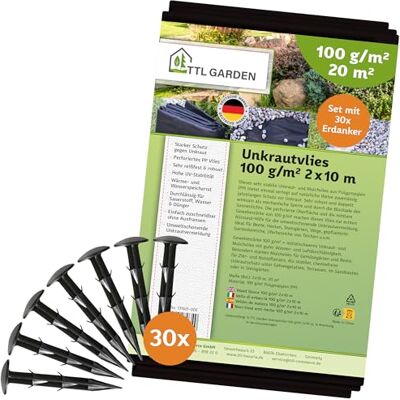 TTL GARDEN 100g/m² Unkrautvlies Set 20m² 2 x 10m + 30 Erdanker verzinkt wasserdurchlässig reißfest UV-stabil & atmungsaktiv Gartenvlies Wurzelsperre Mulchvlies Garten Vlies Folie gegen Unkraut TTL GARDEN 100g/m² Unkrautvlies Set 20m² 2 x 10m + 30 Erdanker verzinkt wasserdurchlässig reißfest UV-stabil & atmungsaktiv Gartenvlies Wurzelsperre Mulchvlies Garten Vlies Folie gegen Unkraut