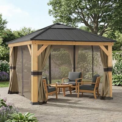 Sunjoy 3,36x3,36m Holzpavillon wasserdicht & winterfest, stabil mit lichtdurchlässigem Dachfenster, Hardtop-Stahldach, 14 cm Pfosten, inkl. Vorhängen & Moskitonetzen, Gartenpavillon für Terrasse &Deck Sunjoy 3,36x3,36m Holzpavillon wasserdicht & winterfest, stabil mit lichtdurchlässigem Dachfenster, Hardtop-Stahldach, 14 cm Pfosten, inkl. Vorhängen & Moskitonetzen, Gartenpavillon für Terrasse &Deck