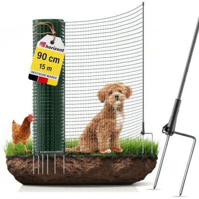 horizont Hundezaun 15 m x 90 cm, 9 Pfähle mit Doppelspitze, grün engmaschig, Begrenzungszaun FIX, Gartenzaun zum Stecken, Weidezaun, Hühnerzaun, Mobiler Zaun für Hunde & Camping horizont Hundezaun 15 m x 90 cm, 9 Pfähle mit Doppelspitze, grün engmaschig, Begrenzungszaun FIX, Gartenzaun zum Stecken, Weidezaun, Hühnerzaun, Mobiler Zaun für Hunde & Camping