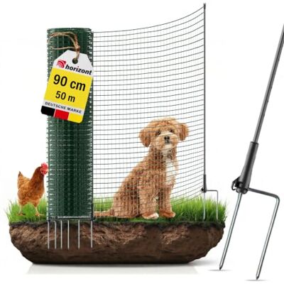 horizont Hundezaun 50 m x 90 cm, 30 Pfähle mit Doppelspitze, engmaschig Begrenzungszaun FIX, Gartenzaun zum Stecken, Weidezaun, Hühnerzaun, Mobiler Zaun für Hunde & Camping horizont Hundezaun 50 m x 90 cm, 30 Pfähle mit Doppelspitze, engmaschig Begrenzungszaun FIX, Gartenzaun zum Stecken, Weidezaun, Hühnerzaun, Mobiler Zaun für Hunde & Camping