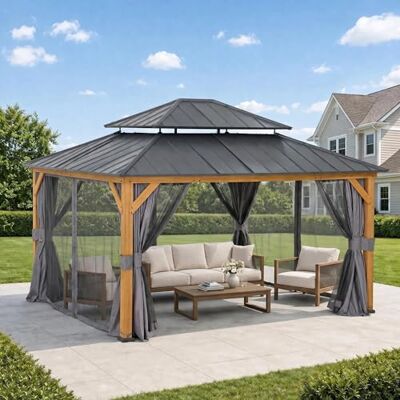 Sunjoy 3,9 × 4,5 m Gartenpavillon aus Zedernholz, Stahl-Doppeldach-Hardtop, 12 cm Pfosten, Sichtschutzvorhänge & Moskitonetze, wind- und schneelastbeständig, Outdoor-Pavillon für Terrasse, Deck-Partys Sunjoy 3,9 × 4,5 m Gartenpavillon aus Zedernholz, Stahl-Doppeldach-Hardtop, 12 cm Pfosten, Sichtschutzvorhänge & Moskitonetze, wind- und schneelastbeständig, Outdoor-Pavillon für Terrasse, Deck-Partys