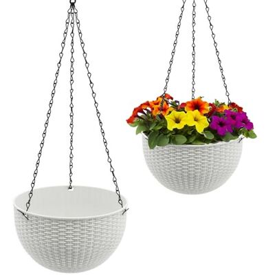 Spetebo Blumenampel weiß in Rattan Optik 23 cm 2er Set Kunststoff Hängeampel mit Ablauf und Metallkette Garten Deko Hänge Blumentopf Pflanztopf Pflanzschale Blumenschale Hängetopf Pflanzenhänger Spetebo Blumenampel weiß in Rattan Optik 23 cm 2er Set Kunststoff Hängeampel mit Ablauf und Metallkette Garten Deko Hänge Blumentopf Pflanztopf Pflanzschale Blumenschale Hängetopf Pflanzenhänger