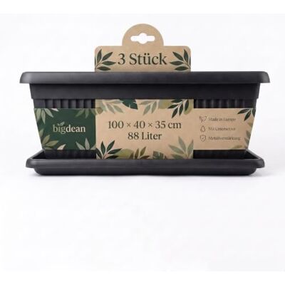 BigDean 3 Stück XXXL Blumenkübel 100×40×35cm 88 L Blumenkasten Blumentopf Mediterranes Design, Lieferung inkl. Untersetzer, Farbe: Anthrazit, Pflanzkübel, XXXL, Extra-Groß, Pflanztopf BigDean 3 Stück XXXL Blumenkübel 100×40×35cm 88 L Blumenkasten Blumentopf Mediterranes Design, Lieferung inkl. Untersetzer, Farbe: Anthrazit, Pflanzkübel, XXXL, Extra-Groß, Pflanztopf