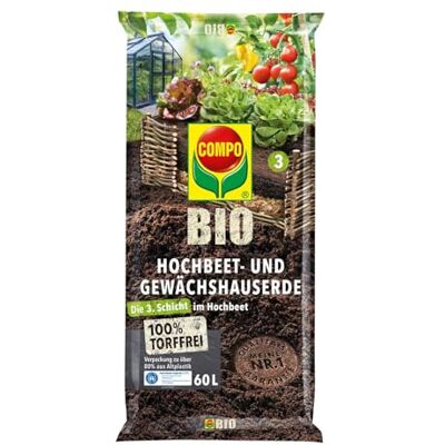 Compo Bio Hochbeet- und Gewächshauserde 60 L, torffrei, 5 Wochen Nährstoffe Ideale 3. Schicht im Hochbeet, hoher Humusanteil, ergiebiger Naturdünger-Mix, für Gemüse und Kräuter, 100% natürlich Compo Bio Hochbeet- und Gewächshauserde 60 L, torffrei, 5 Wochen Nährstoffe Ideale 3. Schicht im Hochbeet, hoher Humusanteil, ergiebiger Naturdünger-Mix, für Gemüse und Kräuter, 100% natürlich