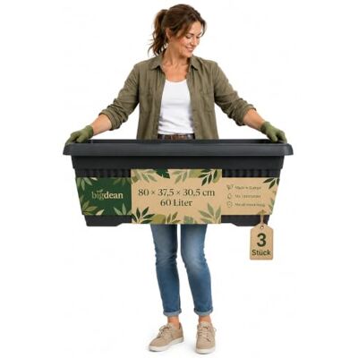 BigDean 3 Stück 60 Liter Blumenkübel Jumbo 80x37,5x30,5cm Blumenkasten Mediterranes Design, Lieferung inkl. Untersetzer, Farbe: Anthrazit, Pflanzkübel, XXL, Blumentopf, groß BigDean 3 Stück 60 Liter Blumenkübel Jumbo 80x37,5x30,5cm Blumenkasten Mediterranes Design, Lieferung inkl. Untersetzer, Farbe: Anthrazit, Pflanzkübel, XXL, Blumentopf, groß