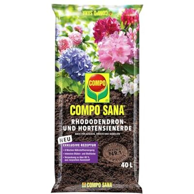 Compo SANA® Rhododendron- und Hortensienerde 40 L, 8 Wochen Nährstoffe Für säureliebende Pflanzen mit niedrigem pH-Wert, Gärtnerhumus, Wurzelaktivator für intensive Blüten, lockere Struktur Compo SANA® Rhododendron- und Hortensienerde 40 L, 8 Wochen Nährstoffe Für säureliebende Pflanzen mit niedrigem pH-Wert, Gärtnerhumus, Wurzelaktivator für intensive Blüten, lockere Struktur