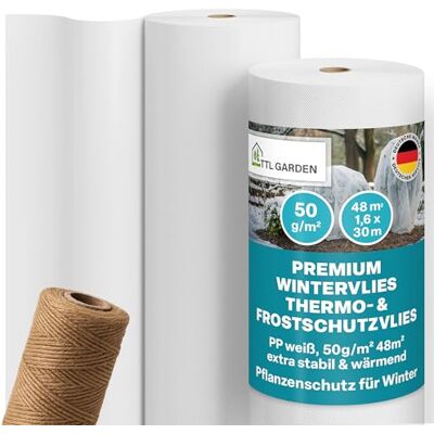 TTL GARDEN 50g/m² Wintervlies 48m² 1,6m x 30m weiß auf Rolle + 50m Schnur Frostschutz Thermovlies Gartenvlies Winterschutz für Pflanzen außen – Pflanzenvlies Pflanzenschutz Winter Kübel & Hochbeet TTL GARDEN 50g/m² Wintervlies 48m² 1,6m x 30m weiß auf Rolle + 50m Schnur Frostschutz Thermovlies Gartenvlies Winterschutz für Pflanzen außen – Pflanzenvlies Pflanzenschutz Winter Kübel & Hochbeet