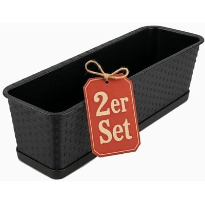 BigDean 2X Blumenkasten mit Untersetzer 80 cm lang Rattan-Optik anthrazit Balkon Pflanzkasten schmal Balkonkasten aus PP-Kunststoff Wetterfest & Langlebig BigDean 2X Blumenkasten mit Untersetzer 80 cm lang Rattan-Optik anthrazit Balkon Pflanzkasten schmal Balkonkasten aus PP-Kunststoff Wetterfest & Langlebig