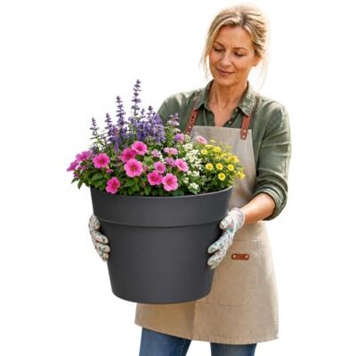 BigDean Blumentopf ø 40 cm Classic anthrazit Pflanzkübel groß außen -mit Wasserspeicher wetterfester Kunststoff Pflanzkübel groß Innen - BigDean Blumentopf ø 40 cm Classic anthrazit Pflanzkübel groß außen -mit Wasserspeicher wetterfester Kunststoff Pflanzkübel groß Innen -