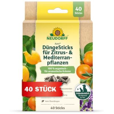Neudorff Azet DüngeSticks für Zitrus- und Mediterranpflanzen – Organischer Langzeit Zitrusdünger mit Eisen für leckere Früchte und kräftig grüne Blätter, 40 Stück Neudorff Azet DüngeSticks für Zitrus- und Mediterranpflanzen – Organischer Langzeit Zitrusdünger mit Eisen für leckere Früchte und kräftig grüne Blätter, 40 Stück