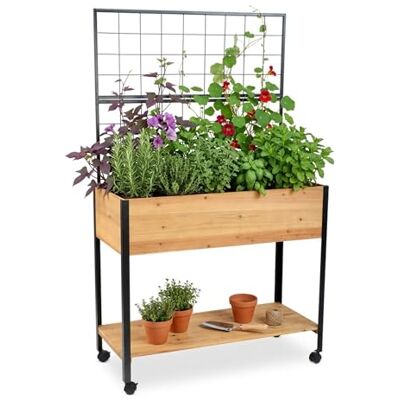 Relaxdays Hochbeet mit Rankgitter, Ablagefach, Rollen, HxBxT 165x102x47,5 cm, Holz, Stahl, Tischbeet, Natur/schwarz Relaxdays Hochbeet mit Rankgitter, Ablagefach, Rollen, HxBxT 165x102x47,5 cm, Holz, Stahl, Tischbeet, Natur/schwarz