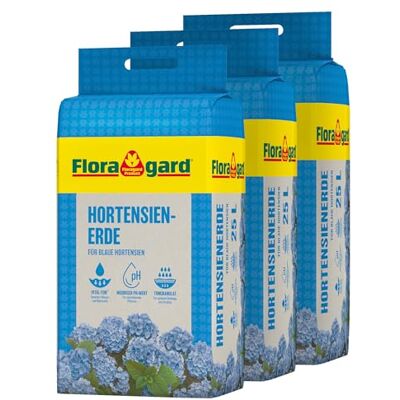 Floragard Hortensienerde blau mit Aluminiumdünger, zum Pflanzen und Umtopfen Blauer Hortensien in Beet und Kübel, 3 x 25 L (75 L) Floragard Hortensienerde blau mit Aluminiumdünger, zum Pflanzen und Umtopfen Blauer Hortensien in Beet und Kübel, 3 x 25 L (75 L)
