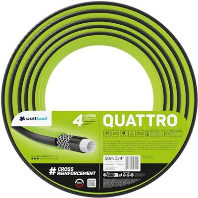 Cellfast Gartenschlauch Quattro 3/4" 50m 4-lagig Vierlagiger Wasserschlauch mit formstabilem Kreuzgewebe, UV- und algenbeständig, 20 bar Cellfast Gartenschlauch Quattro 3/4" 50m 4-lagig Vierlagiger Wasserschlauch mit formstabilem Kreuzgewebe, UV- und algenbeständig, 20 bar