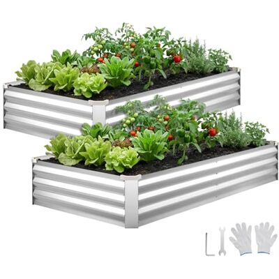 VEVOR Hochbeet Metall 2er-Pack 180x90x30 cm, Rechteckiges Gartenbeet, Pflanzkasten-Set für Außenbereich, Gemüsebeet mit Handschuhen, Blumenbeet Bodenlos, Pflanzbeet für Blumen & Gemüse, Silber VEVOR Hochbeet Metall 2er-Pack 180x90x30 cm, Rechteckiges Gartenbeet, Pflanzkasten-Set für Außenbereich, Gemüsebeet mit Handschuhen, Blumenbeet Bodenlos, Pflanzbeet für Blumen & Gemüse, Silber