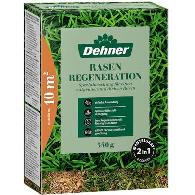 Dehner Rasen-Reparatur Regeneration, Saatgut und Dünger in einem für strapazierfähigen Rasen, pflegeleicht, ideal für beschädigte Rasenflächen, FSC-zertifizierte Verpackung, 350 g für ca. 10 m² Dehner Rasen-Reparatur Regeneration, Saatgut und Dünger in einem für strapazierfähigen Rasen, pflegeleicht, ideal für beschädigte Rasenflächen, FSC-zertifizierte Verpackung, 350 g für ca. 10 m²