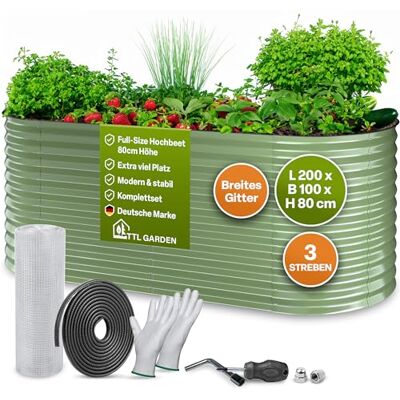 TTL GARDEN 200x100x80cm Inspire L Salbei Metall Hochbeet Stahl verzinkt Rostfrei verzinkt & grün lackiert Wellblech ovale Form stabil Garten Beet für Gemüse Kräuter Blumen Gartenbeet Gemüsebeet TTL GARDEN 200x100x80cm Inspire L Salbei Metall Hochbeet Stahl verzinkt Rostfrei verzinkt & grün lackiert Wellblech ovale Form stabil Garten Beet für Gemüse Kräuter Blumen Gartenbeet Gemüsebeet