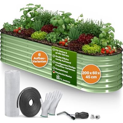 TTL GARDEN 200x60x45cm Metall Hochbeet Fusion 6-in-1 Salbei Grün Stahl Rostfrei verzinkt & lackiert 45cm hoch 60cm breit Wellblech Form oval stabil Garten Beet Gemüse Kräuter Blumen Gartenbeet TTL GARDEN 200x60x45cm Metall Hochbeet Fusion 6-in-1 Salbei Grün Stahl Rostfrei verzinkt & lackiert 45cm hoch 60cm breit Wellblech Form oval stabil Garten Beet Gemüse Kräuter Blumen Gartenbeet
