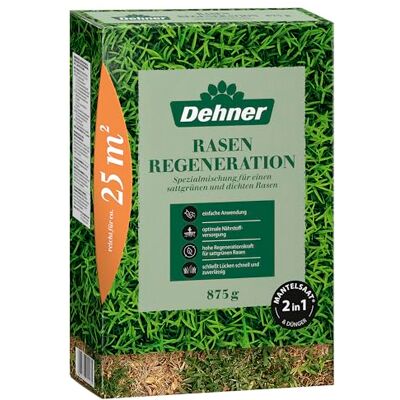 Dehner Rasen-Reparatur Regeneration, Saatgut und Dünger in einem für strapazierfähigen Rasen, schnell keimend, ideal für beschädigte Rasenflächen, FSC-zertifizierte Verpackung, 875 g für ca. 25 m² Dehner Rasen-Reparatur Regeneration, Saatgut und Dünger in einem für strapazierfähigen Rasen, schnell keimend, ideal für beschädigte Rasenflächen, FSC-zertifizierte Verpackung, 875 g für ca. 25 m²