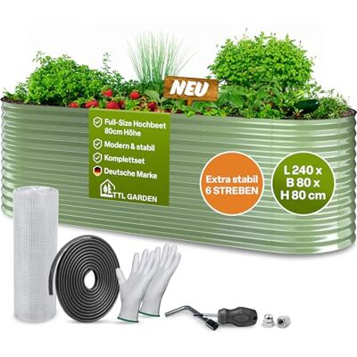 TTL GARDEN 240x80x80cm Nature L Metall Hochbeet Salbeigrün Stahl verzinkt Rostfrei verzinkt lackiert Wellblech oval 80cm hoch sehr stabil Garten Beet für Gemüse Kräuter Blumen Gartenbeet Gemüsebeet TTL GARDEN 240x80x80cm Nature L Metall Hochbeet Salbeigrün Stahl verzinkt Rostfrei verzinkt lackiert Wellblech oval 80cm hoch sehr stabil Garten Beet für Gemüse Kräuter Blumen Gartenbeet Gemüsebeet