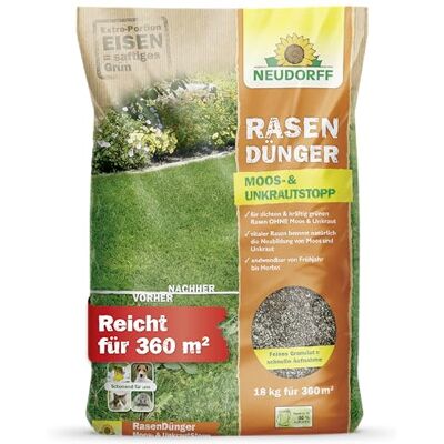 Neudorff RasenDünger Moos- & UnkrautStopp – Rasendünger mit Eisen und Kalium sorgt für einen dichten, grünen Rasen ohne Moos und Unkraut, 18 kg für 360 m² Neudorff RasenDünger Moos- & UnkrautStopp – Rasendünger mit Eisen und Kalium sorgt für einen dichten, grünen Rasen ohne Moos und Unkraut, 18 kg für 360 m²