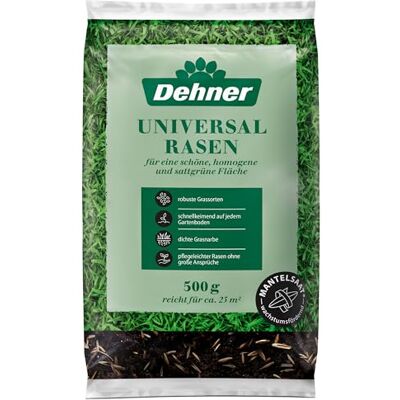 Dehner Saatgut Universalrasen, hochwertige Rasensamen für dichten und sattgrünen Rasen, schnell keimend/pflegeleicht/robust, ideal für Nachsaat und Neuanlage, 500 g, für ca. 25 m² Dehner Saatgut Universalrasen, hochwertige Rasensamen für dichten und sattgrünen Rasen, schnell keimend/pflegeleicht/robust, ideal für Nachsaat und Neuanlage, 500 g, für ca. 25 m²