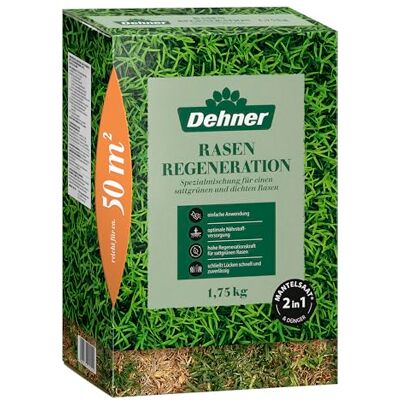Dehner Rasen-Reparatur Regeneration, Saatgut und Dünger in einem für strapazierfähigen Rasen, schnell keimend, ideal für beschädigte Rasenflächen, FSC-zertifizierte Verpackung, 1.75 kg für ca. 50 m² Saatgut & Dünger, strapazierfähigen, schnell keimend, Dehner Rasen-Reparatur Regeneration, Saatgut und Dünger in einem für strapazierfähigen Rasen, schnell keimend, ideal für beschädigte Rasenflächen, FSC-zertifizierte Verpackung, 1.75 kg für ca. 50 m² Saatgut & Dünger, strapazierfähigen, schnell keimend,