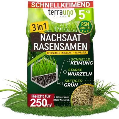 TerraUno Rasensamen schnellkeimend, Nachsaat Rasen, 5 kg für 250 m² Hohe Keimrate, trockenresistent, zur schnellen Lückenschließung, Rasennachsaat in RSM Qualität TerraUno Rasensamen schnellkeimend, Nachsaat Rasen, 5 kg für 250 m² Hohe Keimrate, trockenresistent, zur schnellen Lückenschließung, Rasennachsaat in RSM Qualität