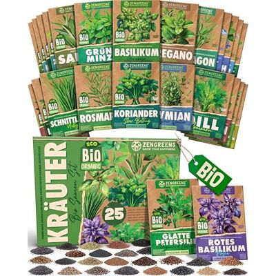 zengreens ® Bio Kräutersamen Set 25 samenfeste Sorten Saatgut für Küche & Fensterbank, frische Würze, ideal als Geschenk für Gartenfreunde, Pflanzensamen zengreens ® Bio Kräutersamen Set 25 samenfeste Sorten Saatgut für Küche & Fensterbank, frische Würze, ideal als Geschenk für Gartenfreunde, Pflanzensamen