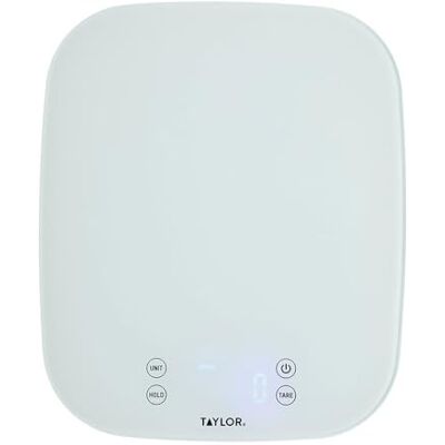 Taylor Pro, Digitale Küchenwaagen für Lebensmittel, Kompakter Professioneller Standard mit Präzisionsgenauigkeit, Wasserdichtem Design und Tara-Funktion, Weißes Glas, Wiegekapazität 14 kg bzw. 14 l Taylor Pro, Digitale Küchenwaagen für Lebensmittel, Kompakter Professioneller Standard mit Präzisionsgenauigkeit, Wasserdichtem Design und Tara-Funktion, Weißes Glas, Wiegekapazität 14 kg bzw. 14 l