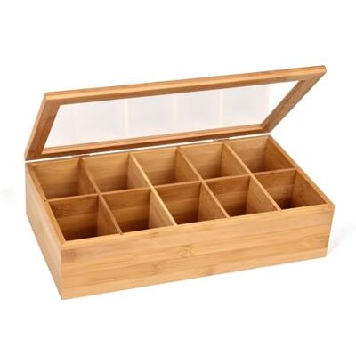 GRÄWE Teebox aus Bambus mit 10 Fächern, klappbarer Deckel, Sichtfenster, Teebeutelbox für aromageschützte Aufbewahrung von Tee 36 x 20 x 9 cm GRÄWE Teebox aus Bambus mit 10 Fächern, klappbarer Deckel, Sichtfenster, Teebeutelbox für aromageschützte Aufbewahrung von Tee 36 x 20 x 9 cm