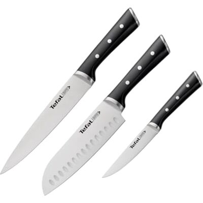 Tefal Ice Force 3-teiliges Messerset, Fleischmesser 20 cm, Santokumesser 18 cm, Universalmesser 11 cm, deutscher Edelstahl, lang anhaltende Schneidleistung und Schärfe, Edelstahl/Schwarz, K232S374 Tefal Ice Force 3-teiliges Messerset, Fleischmesser 20 cm, Santokumesser 18 cm, Universalmesser 11 cm, deutscher Edelstahl, lang anhaltende Schneidleistung und Schärfe, Edelstahl/Schwarz, K232S374