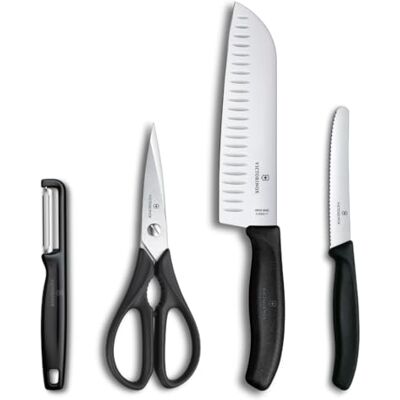 Victorinox Classic Profi Küchenset, 4-teilig, Inkl. Schäler, Schere, Santoku- und Tomatenmesser, Scharfe Klingen, 7-17 cm, Kunststoffgriffe, Schwarz Victorinox Classic Profi Küchenset, 4-teilig, Inkl. Schäler, Schere, Santoku- und Tomatenmesser, Scharfe Klingen, 7-17 cm, Kunststoffgriffe, Schwarz