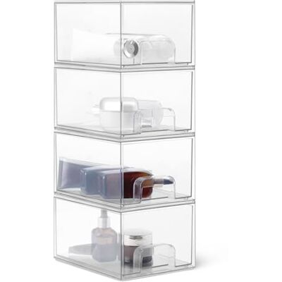Amazon Stapelbare Aufbewahrungsschubladen aus Kunststoff, Aufbewahrungsbox, Make-up-Organizer, Transparent, 19,1cm x 15,2cm x 11,4cm, 4er-Pack Amazon Stapelbare Aufbewahrungsschubladen aus Kunststoff, Aufbewahrungsbox, Make-up-Organizer, Transparent, 19,1cm x 15,2cm x 11,4cm, 4er-Pack