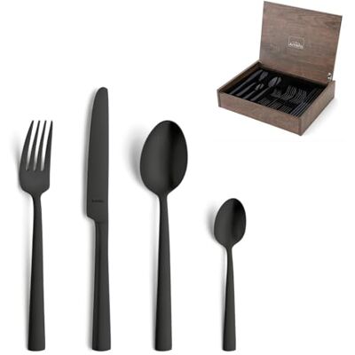 Amefa VENTURA Besteck Set 6 Personen Schwarz, 24 teiliges Besteckset Edelstahl 18/10, PVD beschichtet, mattiertes, geradliniges schwarzes Essbesteck Set, mit hochwertigem Besteckkasten in Holzoptik Amefa VENTURA Besteck Set 6 Personen Schwarz, 24 teiliges Besteckset Edelstahl 18/10, PVD beschichtet, mattiertes, geradliniges schwarzes Essbesteck Set, mit hochwertigem Besteckkasten in Holzoptik