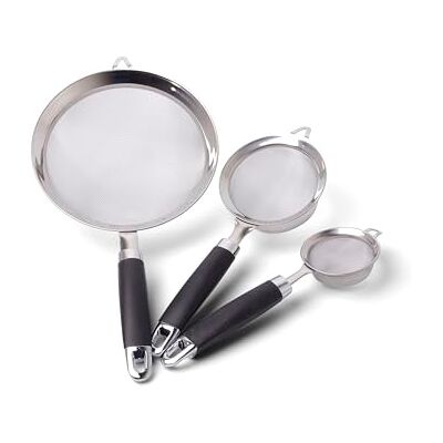 Birambeau , 3-teiliges Handsieb aus Edelstahl, ergonomische Griffe mit Soft-Touch, 7/10/18 cm, Schwarz und Silber Birambeau , 3-teiliges Handsieb aus Edelstahl, ergonomische Griffe mit Soft-Touch, 7/10/18 cm, Schwarz und Silber